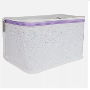 Clinique White Textured Glitter Train Case Cosmetic Makeup Travel Bag w/Zipper